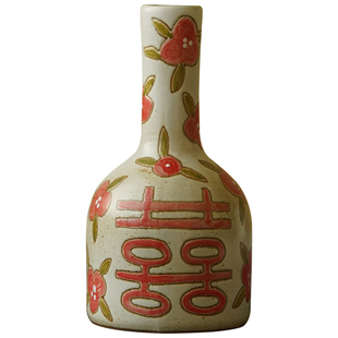 喜字复古小花瓶手绘陶瓷花插囍插花新婚婚庆婚房结婚摆件中式粗陶