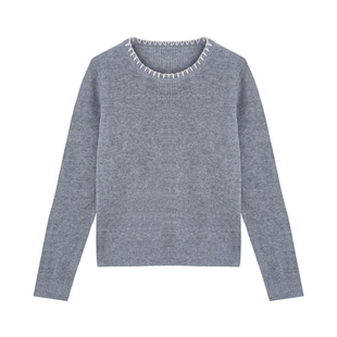 小禾【初见】绵羊毛羊绒混纺手工钩花边元宝针优雅圆领毛针织衫女