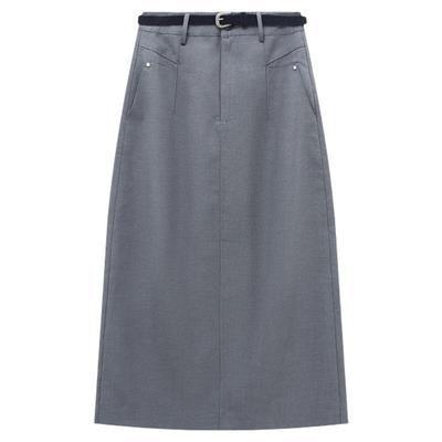 Basic House/百家好灰色高腰腰带简约半身裙女春宽松显瘦通勤H裙