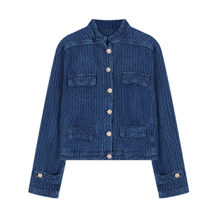 深蓝色提花牛仔外套女2025新款秋春季短款小香风气质立领上衣夹克