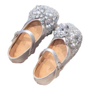 真皮女童鞋儿童艾莎公主鞋2025新款夏秋季软底单鞋银色水晶小皮鞋