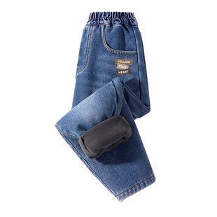 JU真维斯男童宽松加绒保暖牛仔裤 2025冬季新品 大中童印花裤子