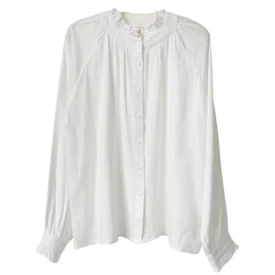 谷家 法式花边领全棉提花长袖衬衫 2025秋显瘦叠穿打底白色上衣女