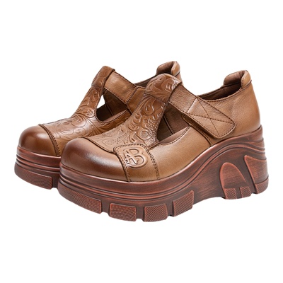 头层牛皮复古印花厚底坡跟妈妈鞋