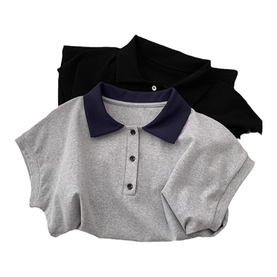 撞色Polo领插肩短袖T恤女夏季