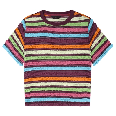 白鹿语韩系撞色彩虹条纹短袖T恤