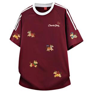 查尔斯桃心红色马年印花圆领短袖T恤男夏季撞色条纹休闲情侣上衣