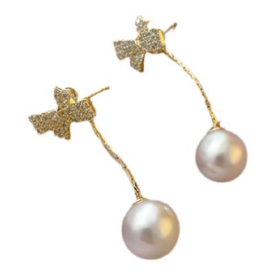 纯银蝴蝶结珍珠耳环女韩国气质网