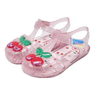 泰兰尼斯夏季新款女童水晶鞋防滑软底宝宝公主鞋女童包头闪灯凉鞋