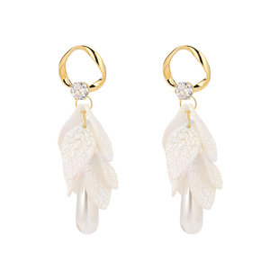 镶钻长款珍珠水滴树叶耳环浪漫度假温柔耳坠高贵优雅走秀晚会耳饰