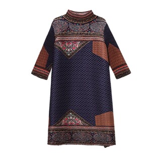 压褶褶皱宽松大码印花七分袖连衣裙女2026春秋新款高贵妈妈a字裙