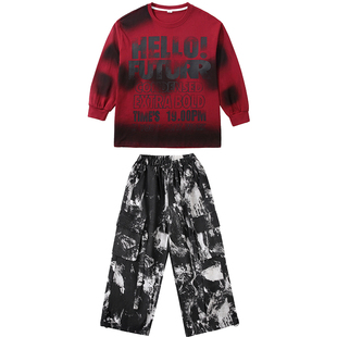 男童街舞演出服红色卫衣套装儿童breaking表演帅气女童潮服中大童