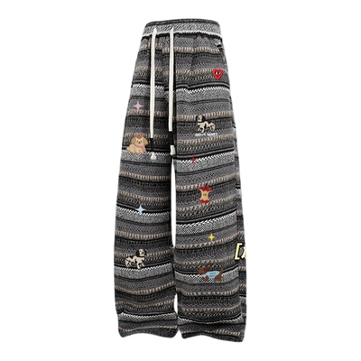 查尔斯桃心复古条纹趣味小狗印花休闲裤男女春秋冬季加厚加绒裤子