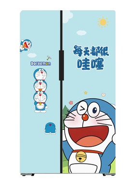机器猫双开门冰箱贴纸高级感遮丑改色四开门卡通十字门装饰画自粘
