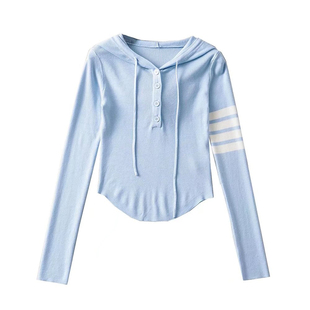 TB春秋新款连帽针织衫女士长袖套头修身短款显瘦外穿上衣条纹薄款