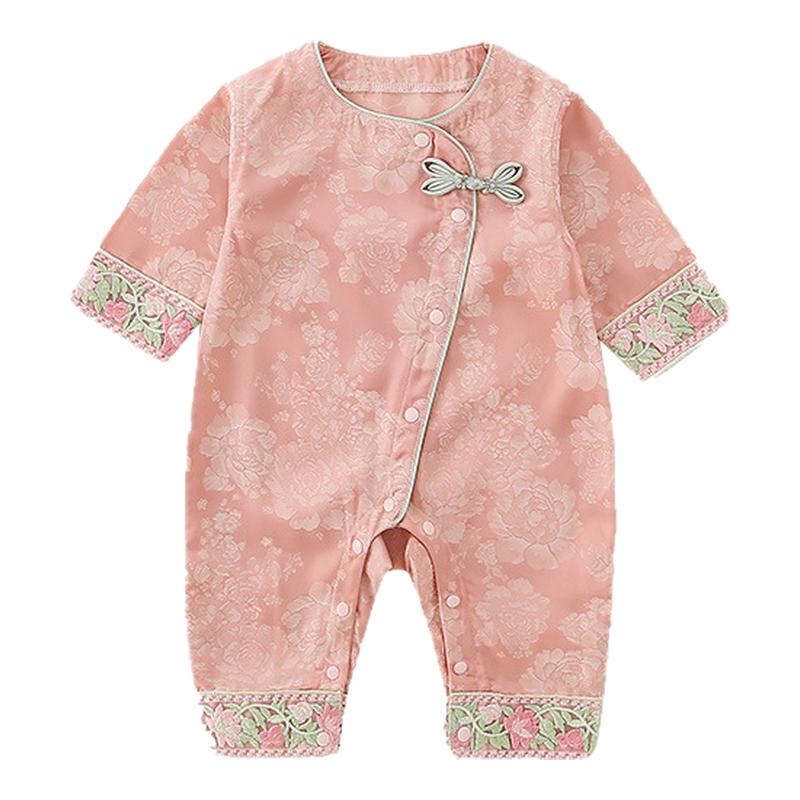 婴儿衣服春秋装连体衣小月龄女宝宝满月百天新中式旗袍哈衣外出服