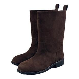 时尚新宠 韩国手工HOWUS靴2024秋新款真皮中筒靴牛反绒百搭骑士靴