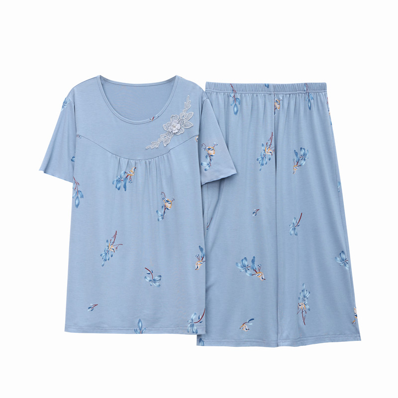 莫代尔睡衣女夏季薄款中老年妈妈短袖七分裤宽松家居服母亲节套装