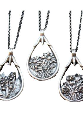 雏菊铃兰花雕刻氧化纯银吊坠项链