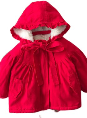 新年棉服女宝连帽兔毛红色棉衣