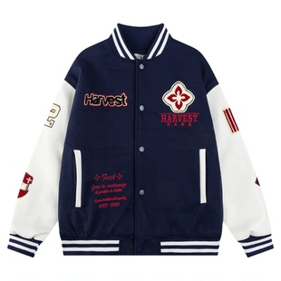 Amoeba原创国潮美式复古刺绣字母拼接棒球服夹棉春季新款夹克外套