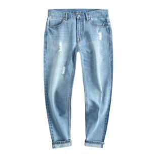 浅蓝色冬季新款破洞九分牛仔裤男款休闲直筒宽松时尚有型男裤子潮