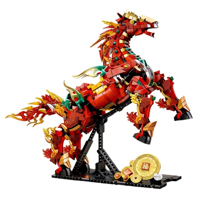 2026新款马年积木国朝赤兔战马儿童拼装玩具模型摆件男孩新年礼物