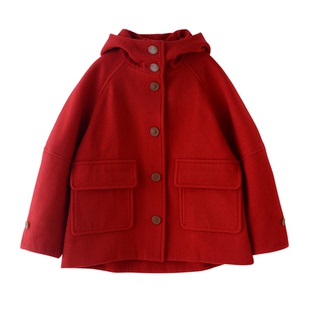 岛国货土星款红色连帽毛呢外套圣诞节春节宽松短款呢大衣加厚暖