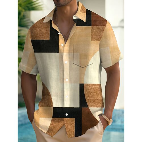R 45477 Men's Geometric Print Short Sleeve Shirt 男士印花短
