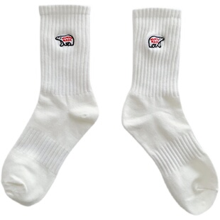 日版薄款HUMAN北极熊刺绣袜子中筒男女纯棉加厚毛巾底潮袜