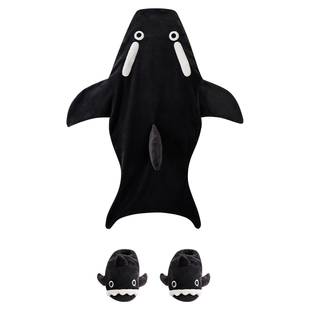 法兰绒睡衣学生加厚加绒搞怪沙雕卡通鲨鱼长款睡袋男士秋冬家居服