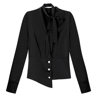 黑色衬衫女春新款2026年设计感小众高级感长袖上衣飘带女士衬衣春