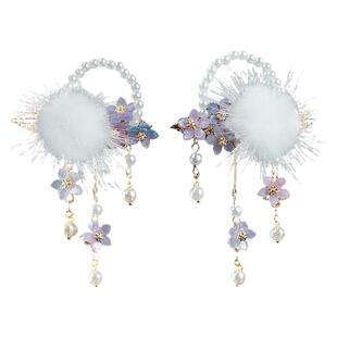 古风发饰古装头饰汉服毛球流苏发夹气质手工珍珠夹子毛绒边夹少女