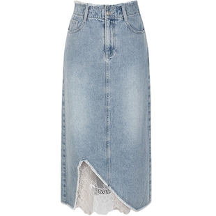 KBNE复古时髦淡蓝色拼蕾丝牛仔半裙小个子2025夏季新款百搭字裙