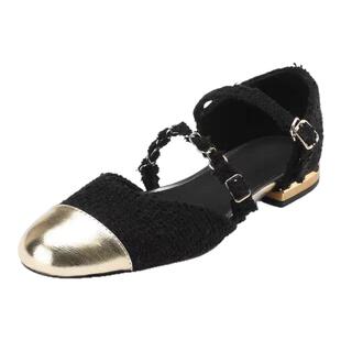 真皮拼接布鞋小香风链条包头罗马凉鞋百搭舒适平底圆头中空单鞋女