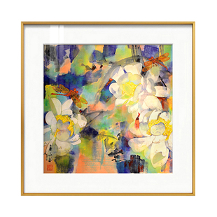 新中式餐厅装饰画 黄永玉 荷花画花卉现代国画玄关挂画茶室卧室画