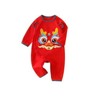 马宝宝衣服纯棉秋季满月百天爬服周岁礼服中国风婴儿连体衣春秋装