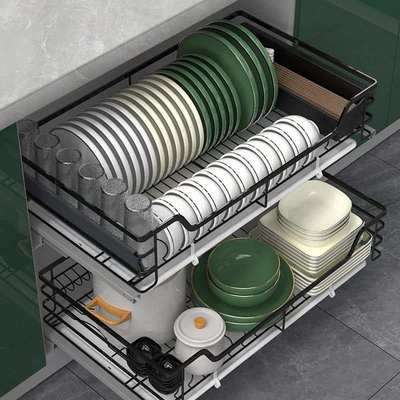 拉篮厨房橱柜304不锈钢双层抽屉式碗架收纳碗架缓冲阻尼置物碗篮