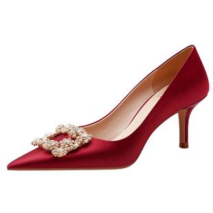 绯色密语 rosecastle 缎面不累脚高跟鞋红色秀禾婚鞋女宴会礼服鞋