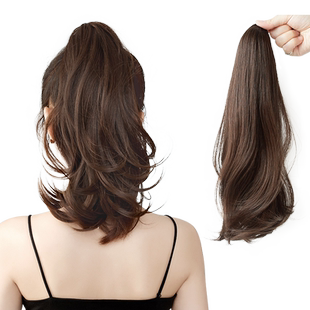 假发女马尾高马尾真发抓夹短马尾卷发绑带式超轻发尾辫子微卷长发