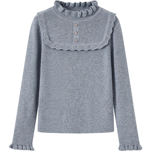 英氏童装女童毛衣加厚2025冬新款儿童保暖内搭花边领毛线衣打底衫