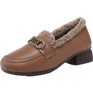 加绒小皮鞋女软底乐福鞋冬季女鞋保暖毛毛鞋外穿豆豆鞋真皮面棉鞋