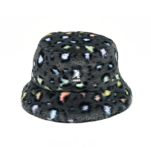 袋鼠Kangol Faux Fur Bucket秋冬格纹小众仿皮草毛绒平顶渔夫帽子