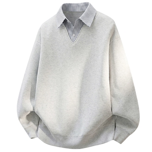 男士灰色美式复古假两件卫衣男款春季长袖polo衫上衣外套2026新款