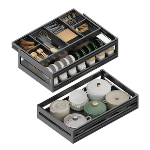 碗碟拉篮厨房橱柜双三层抽屉式橱柜拉篮内置调味料锅具收纳碗碟篮