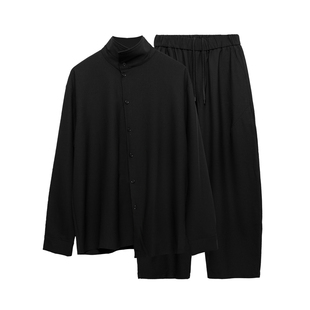 原创暗黑系山本风不规则斜拼接设计半高领设计感衬衫休闲套装男潮