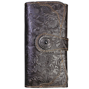 原创手工真皮长款钱包男女头层牛皮搭扣钱包疯马皮复古财布钱夹潮