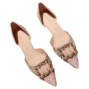 2026春季新款小香风单鞋女尖头水钻方扣中空中跟粗跟法式高跟鞋OL