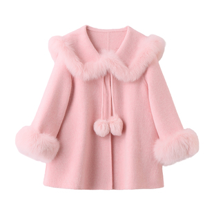 软萌球球双面呢羊绒大衣2025年秋冬真狐狸毛领斗篷皮草女毛呢外套