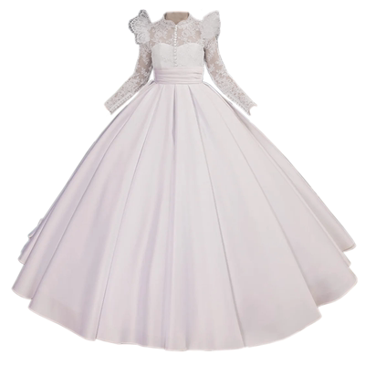 长袖冬季白色拖尾礼服缎面公主裙